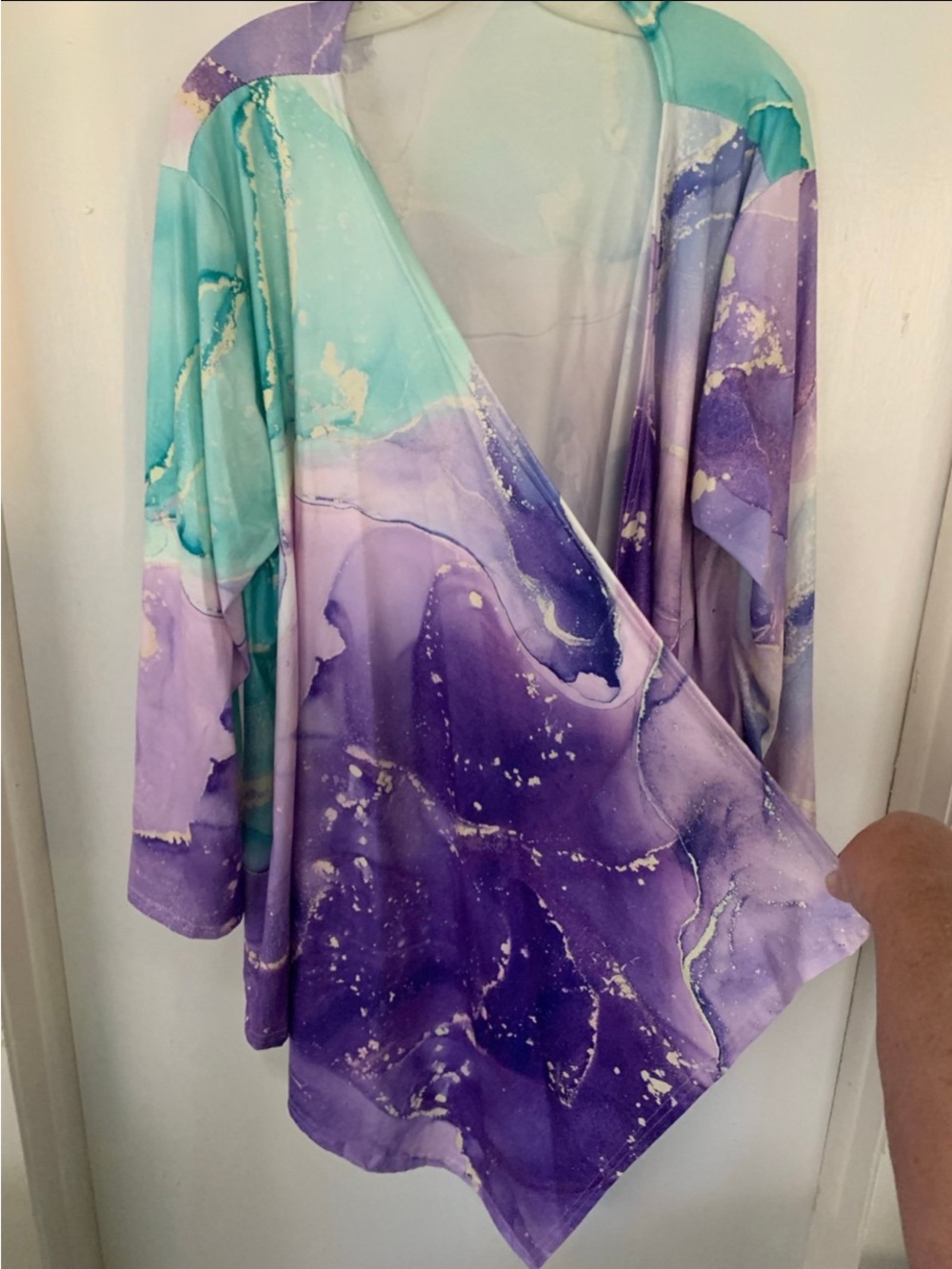 Watercolor Marble Open Front Cardigan in Teal and Purple
